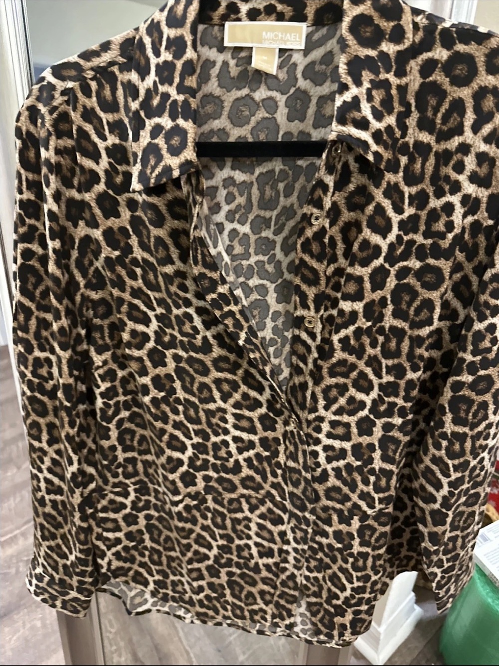 MICHAEL Michael Kors Leopard Print Button-Up Blouse - Brown/Black- Size Medium - Picture 6 of 7